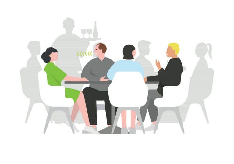 Ilustração de pessoas conversando à mesa em um restaurante